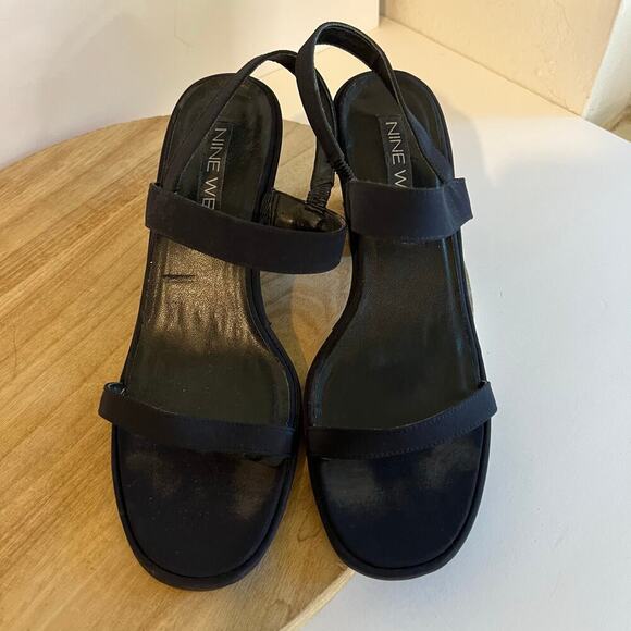 90s Vintage Nine West Dark Blue Chunky Stacked Heel Strapped Heels Size 8 - Picture 10 of 14